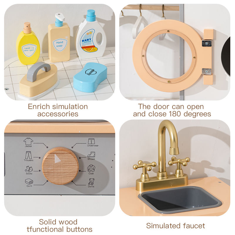 Wooden Kids Laundry Playset with Washing Machine, Sink, Ironing Table & Hangers – Pretend Play Household Toy Set for Children