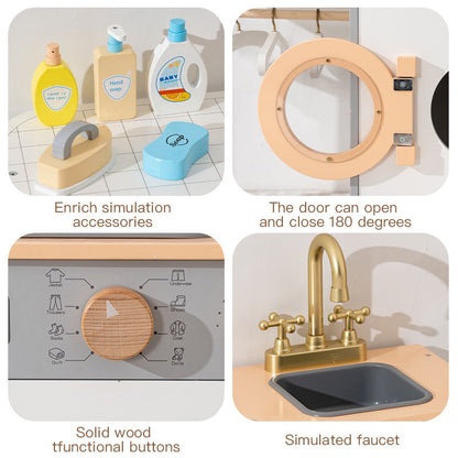 Wooden Kids Laundry Playset with Washing Machine, Sink, Ironing Table & Hangers – Pretend Play Household Toy Set for Children