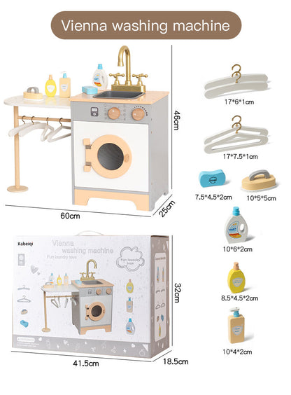 Wooden Kids Laundry Playset with Washing Machine, Sink, Ironing Table & Hangers – Pretend Play Household Toy Set for Children