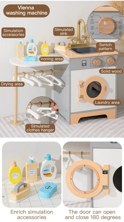 Wooden Kids Laundry Playset with Washing Machine, Sink, Ironing Table & Hangers – Pretend Play Household Toy Set for Children