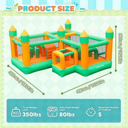 Large Inflatable Bounce House for Kids – Multi-Activity Castle with Obstacle Course, Punching Columns, Crawl Tunnel & Spacious Jump Arena (Holds 5 Kids, 159 kg Capacity)