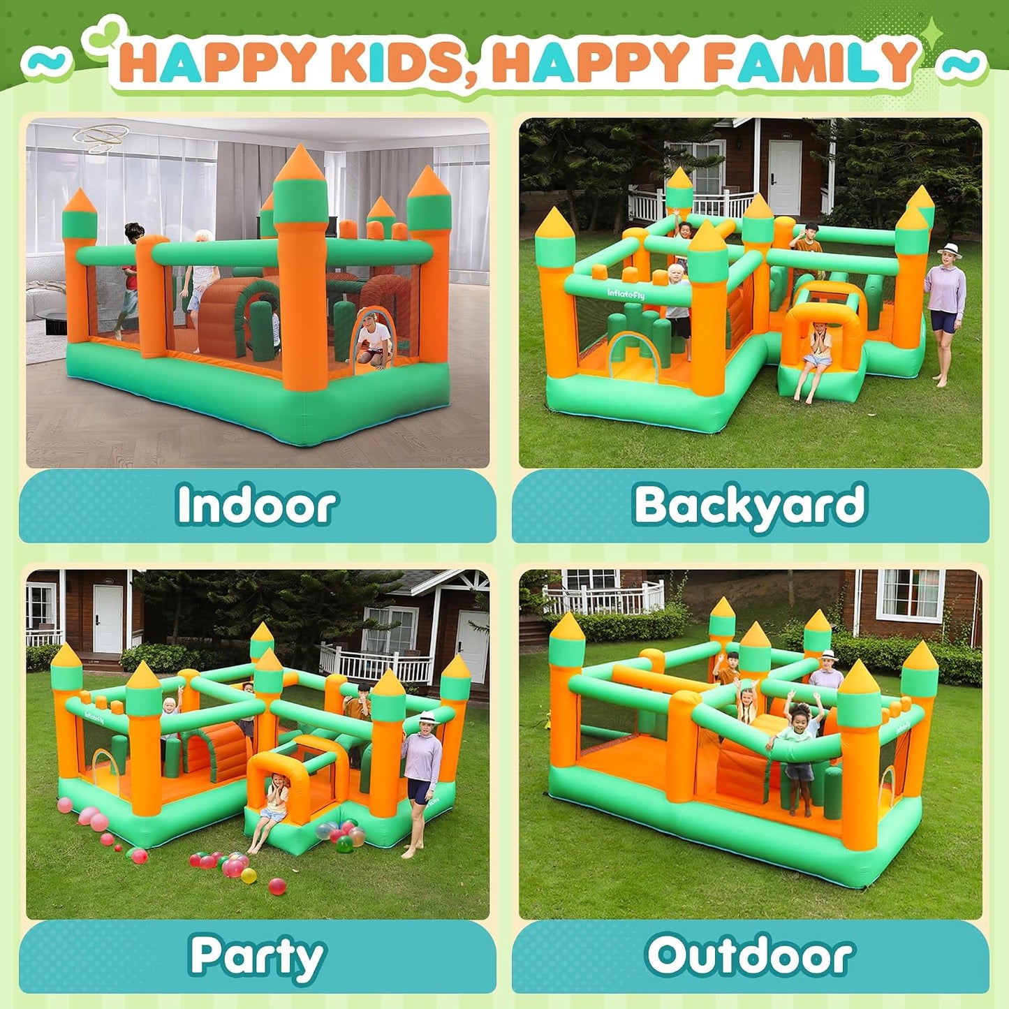 Large Inflatable Bounce House for Kids – Multi-Activity Castle with Obstacle Course, Punching Columns, Crawl Tunnel & Spacious Jump Arena (Holds 5 Kids, 159 kg Capacity)