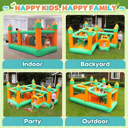 Large Inflatable Bounce House for Kids – Multi-Activity Castle with Obstacle Course, Punching Columns, Crawl Tunnel & Spacious Jump Arena (Holds 5 Kids, 159 kg Capacity)
