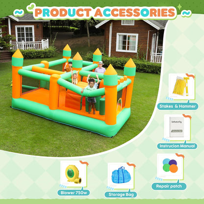 Large Inflatable Bounce House for Kids – Multi-Activity Castle with Obstacle Course, Punching Columns, Crawl Tunnel & Spacious Jump Arena (Holds 5 Kids, 159 kg Capacity)