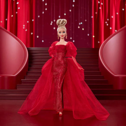 Barbie Signature Doll, Mattel 80th Anniversary Collectible in Glittery Red Tulle Gown with Drop Earrings and Sheer Gloves, Blonde Hair