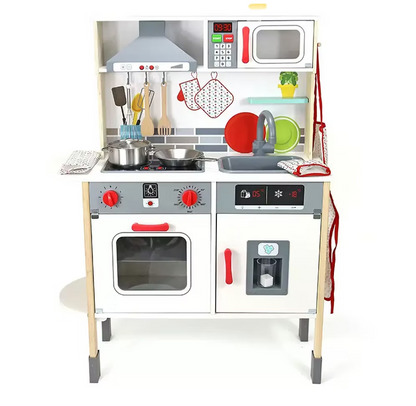 Wooden Play Kitchen with Lights & Sounds – Pretend Play Kitchen Set with Oven, Microwave, Ice Dispenser & Stainless Steel Cookware