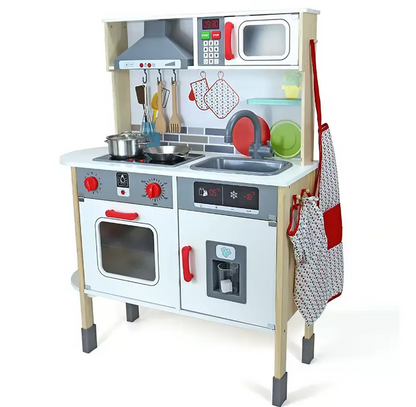 Wooden Play Kitchen with Lights & Sounds – Pretend Play Kitchen Set with Oven, Microwave, Ice Dispenser & Stainless Steel Cookware