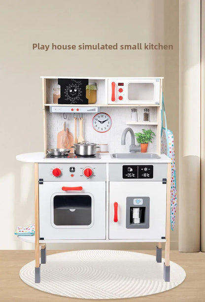 Wooden Play Kitchen with Lights & Sounds – Pretend Play Kitchen Set with Oven, Microwave, Ice Dispenser & Stainless Steel Cookware