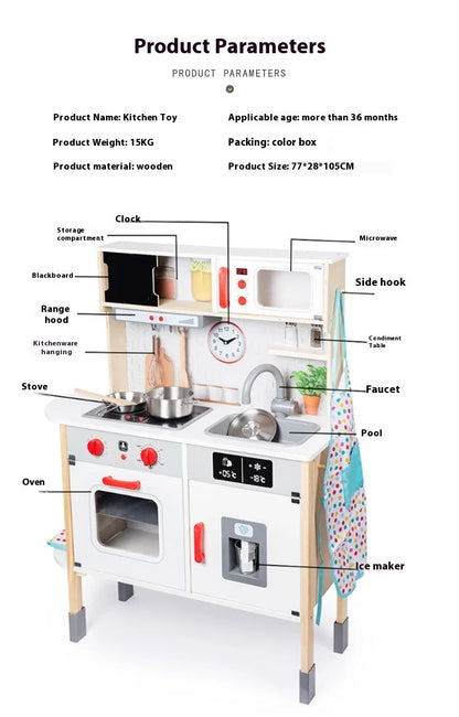 Wooden Play Kitchen with Lights & Sounds – Pretend Play Kitchen Set with Oven, Microwave, Ice Dispenser & Stainless Steel Cookware