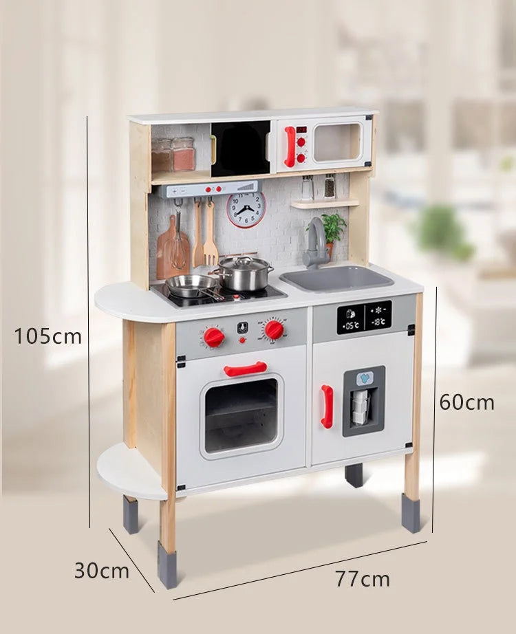Wooden Play Kitchen with Lights & Sounds – Pretend Play Kitchen Set with Oven, Microwave, Ice Dispenser & Stainless Steel Cookware