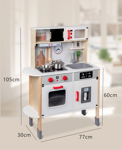 Wooden Play Kitchen with Lights & Sounds – Pretend Play Kitchen Set with Oven, Microwave, Ice Dispenser & Stainless Steel Cookware