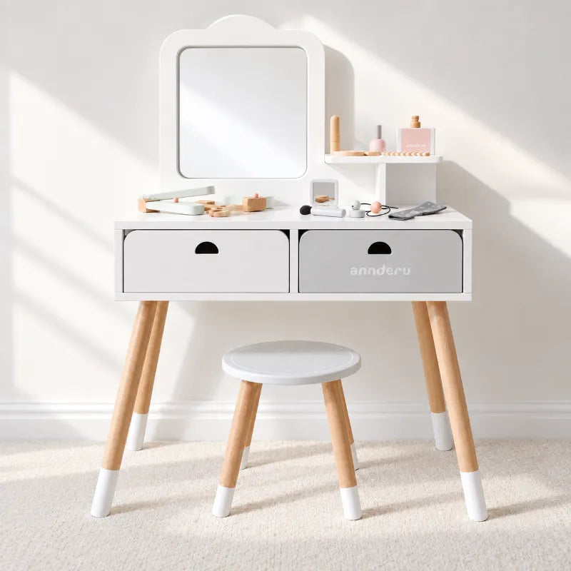 Elegant Kids Wooden Dressing Table & Stool Set with Mirror, Storage Drawers & Pretend Makeup and Hair Styling Accessories