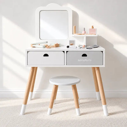 Elegant Kids Wooden Dressing Table & Stool Set with Mirror, Storage Drawers & Pretend Makeup and Hair Styling Accessories