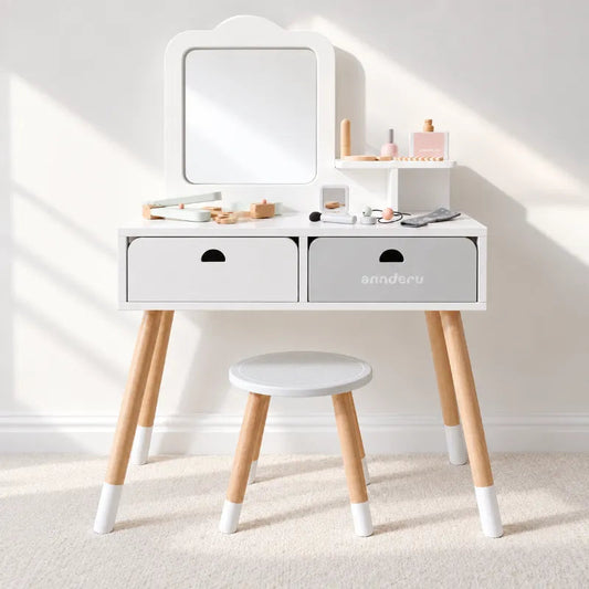Elegant Kids Wooden Dressing Table & Stool Set with Mirror, Storage Drawers & Pretend Makeup and Hair Styling Accessories