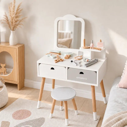 Elegant Kids Wooden Dressing Table & Stool Set with Mirror, Storage Drawers & Pretend Makeup and Hair Styling Accessories