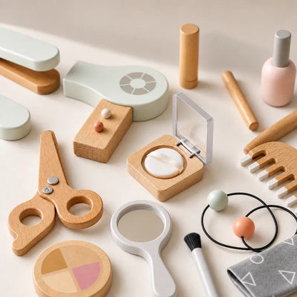 Elegant Kids Wooden Dressing Table & Stool Set with Mirror, Storage Drawers & Pretend Makeup and Hair Styling Accessories