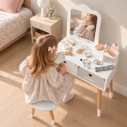 Elegant Kids Wooden Dressing Table & Stool Set with Mirror, Storage Drawers & Pretend Makeup and Hair Styling Accessories