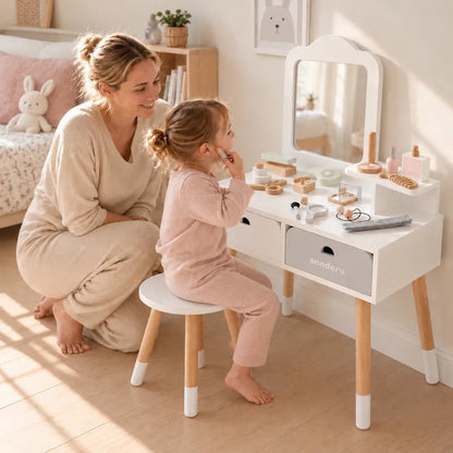 Elegant Kids Wooden Dressing Table & Stool Set with Mirror, Storage Drawers & Pretend Makeup and Hair Styling Accessories