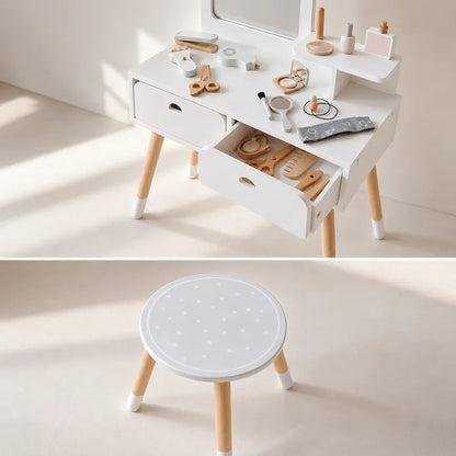 Elegant Kids Wooden Dressing Table & Stool Set with Mirror, Storage Drawers & Pretend Makeup and Hair Styling Accessories