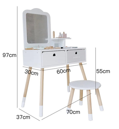 Elegant Kids Wooden Dressing Table & Stool Set with Mirror, Storage Drawers & Pretend Makeup and Hair Styling Accessories