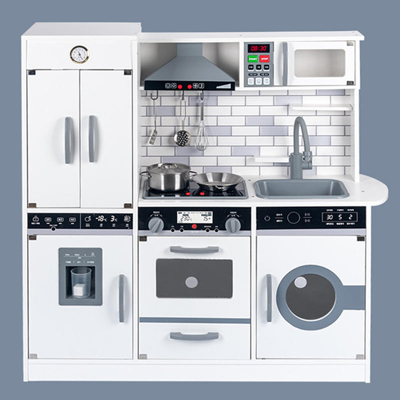 Wooden Play Kitchen Set with Sound Effects, Ice Dispenser, Microwave & Washing Machine – Modern Pretend Play Kitchen with Metal Cookware