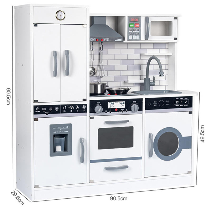 Wooden Play Kitchen Set with Sound Effects, Ice Dispenser, Microwave & Washing Machine – Modern Pretend Play Kitchen with Metal Cookware
