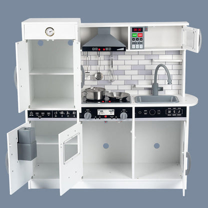 Wooden Play Kitchen Set with Sound Effects, Ice Dispenser, Microwave & Washing Machine – Modern Pretend Play Kitchen with Metal Cookware