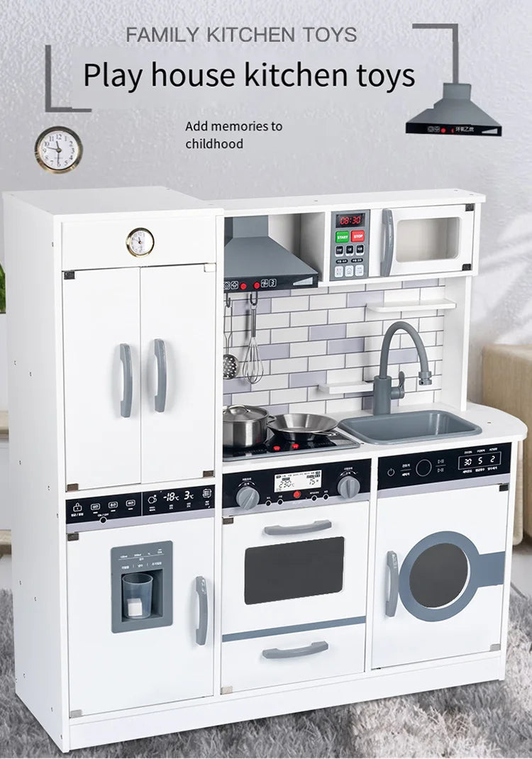 Wooden Play Kitchen Set with Sound Effects, Ice Dispenser, Microwave & Washing Machine – Modern Pretend Play Kitchen with Metal Cookware