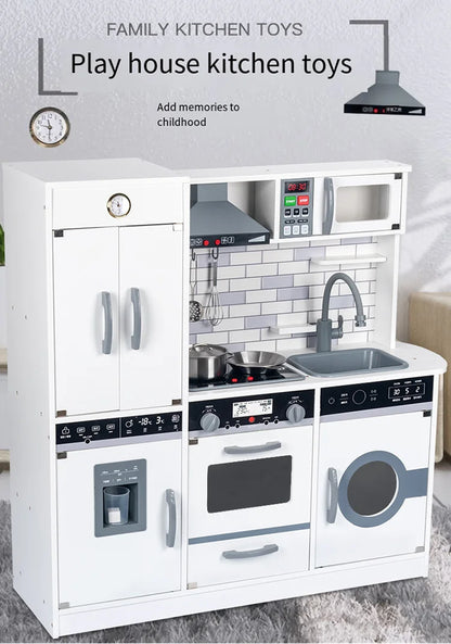 Wooden Play Kitchen Set with Sound Effects, Ice Dispenser, Microwave & Washing Machine – Modern Pretend Play Kitchen with Metal Cookware