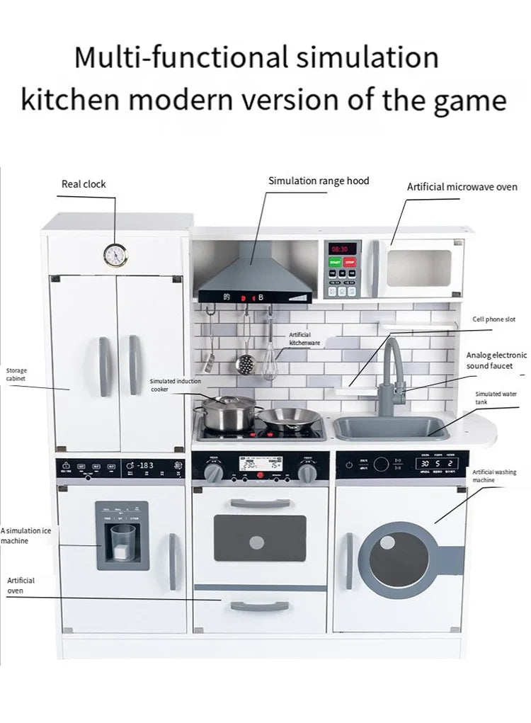 Wooden Play Kitchen Set with Sound Effects, Ice Dispenser, Microwave & Washing Machine – Modern Pretend Play Kitchen with Metal Cookware