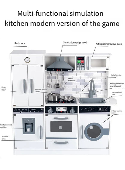 Wooden Play Kitchen Set with Sound Effects, Ice Dispenser, Microwave & Washing Machine – Modern Pretend Play Kitchen with Metal Cookware