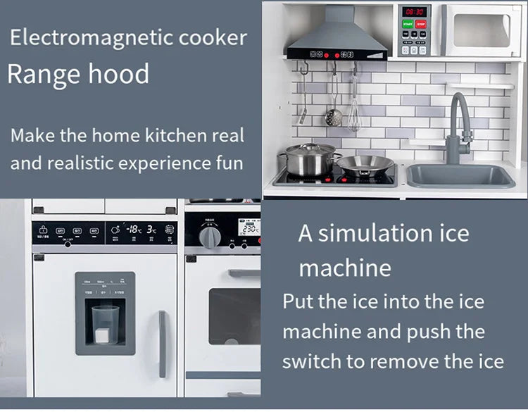 Wooden Play Kitchen Set with Sound Effects, Ice Dispenser, Microwave & Washing Machine – Modern Pretend Play Kitchen with Metal Cookware