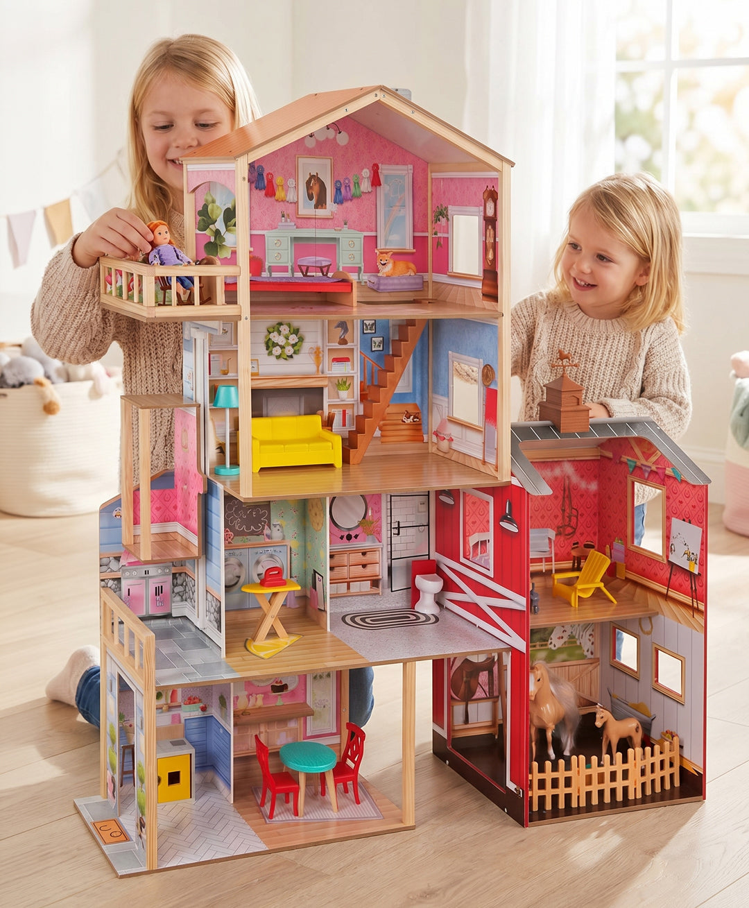 KidKraft Wooden Dollhouse with Horse Stable & Barn – 5 ft Tall Multi-Level Farmhouse with Horse, Foal & Furniture Accessories