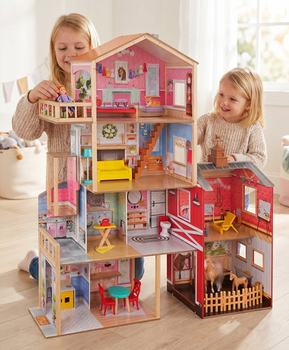 KidKraft Wooden Dollhouse with Horse Stable & Barn – 5 ft Tall Multi-Level Farmhouse with Horse, Foal & Furniture Accessories