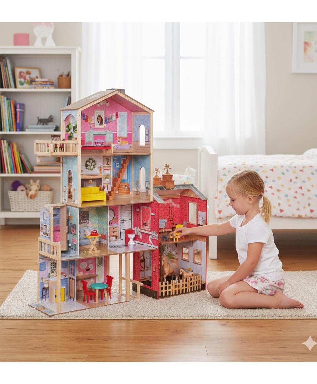 KidKraft Wooden Dollhouse with Horse Stable & Barn – 5 ft Tall Multi-Level Farmhouse with Horse, Foal & Furniture Accessories