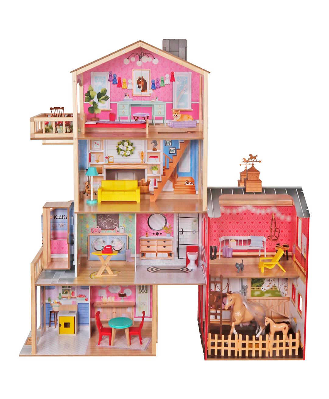 KidKraft Wooden Dollhouse with Horse Stable & Barn – 5 ft Tall Multi-Level Farmhouse with Horse, Foal & Furniture Accessories