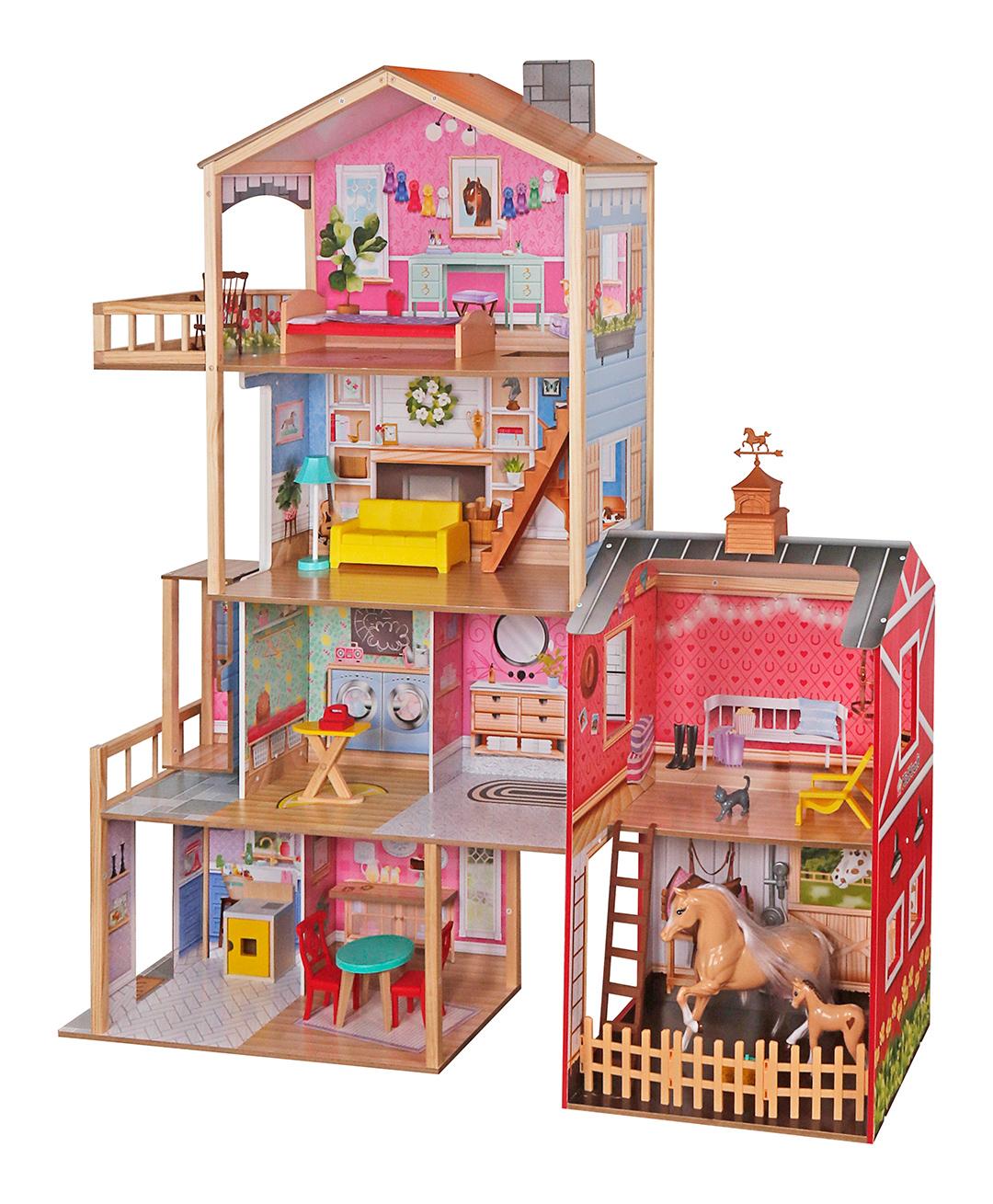 KidKraft Wooden Dollhouse with Horse Stable & Barn – 5 ft Tall Multi-Level Farmhouse with Horse, Foal & Furniture Accessories