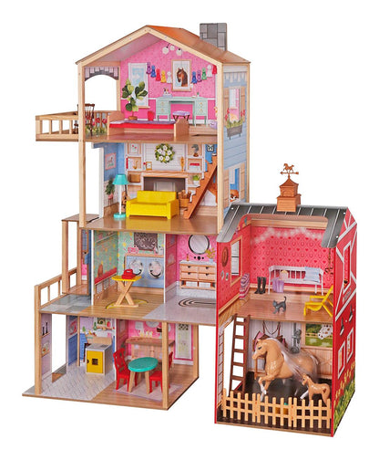 KidKraft Wooden Dollhouse with Horse Stable & Barn – 5 ft Tall Multi-Level Farmhouse with Horse, Foal & Furniture Accessories