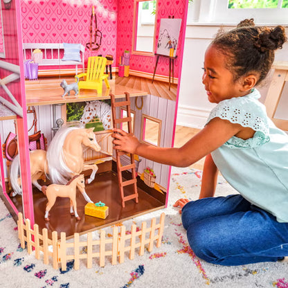 KidKraft Wooden Dollhouse with Horse Stable & Barn – 5 ft Tall Multi-Level Farmhouse with Horse, Foal & Furniture Accessories