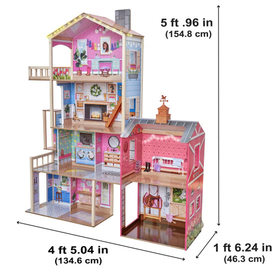 KidKraft Wooden Dollhouse with Horse Stable & Barn – 5 ft Tall Multi-Level Farmhouse with Horse, Foal & Furniture Accessories