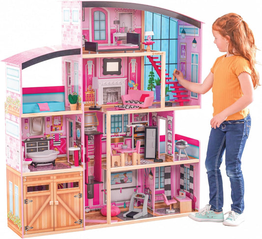 KidKraft Shimmer Mansion Wooden Dollhouse with Working Elevator – 4.5 ft Tall, 4 Levels, 8 Rooms & 30 Furniture Accessories