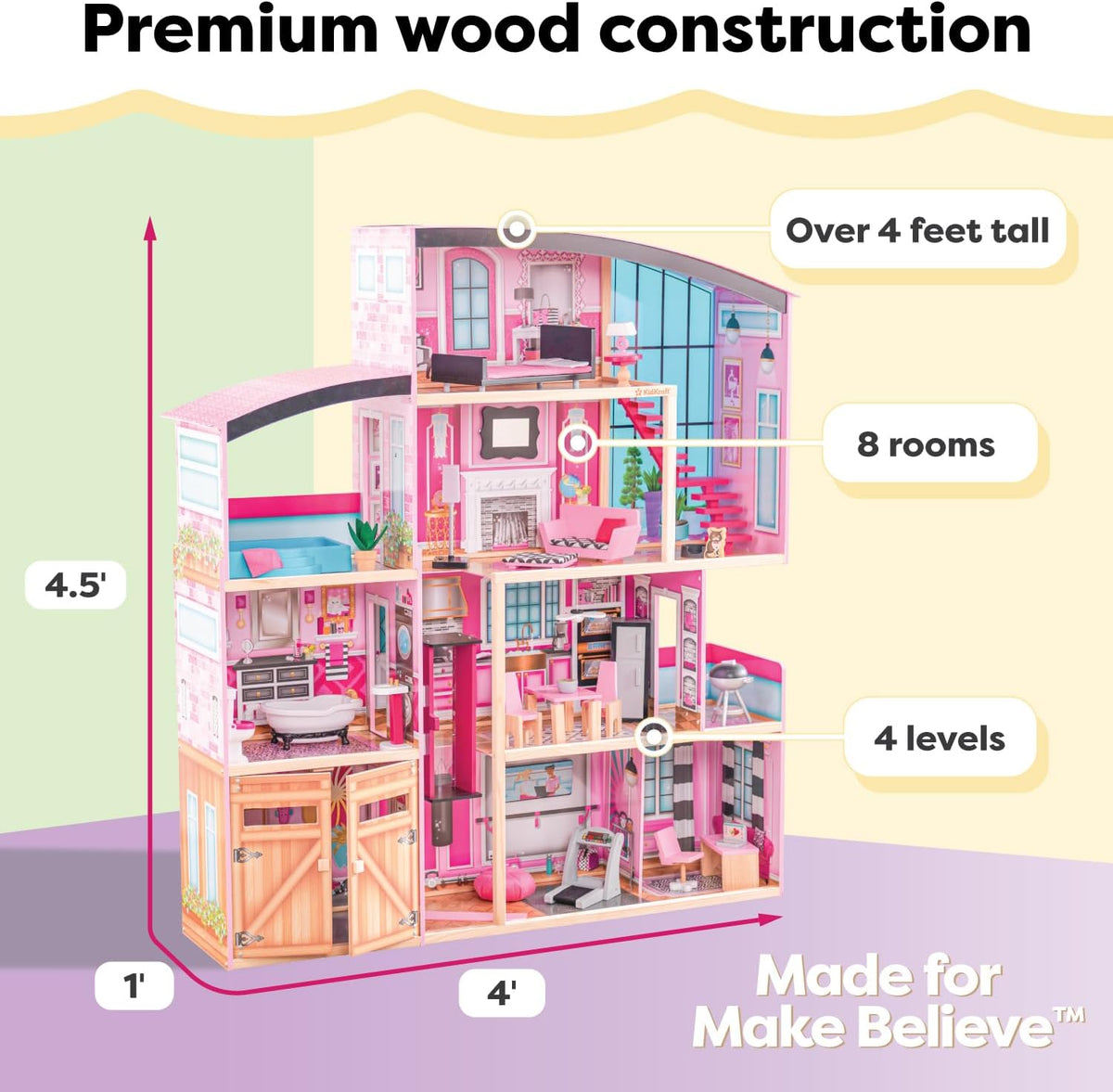 KidKraft Shimmer Mansion Wooden Dollhouse with Working Elevator – 4.5 ft Tall, 4 Levels, 8 Rooms & 30 Furniture Accessories