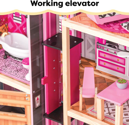 KidKraft Shimmer Mansion Wooden Dollhouse with Working Elevator – 4.5 ft Tall, 4 Levels, 8 Rooms & 30 Furniture Accessories