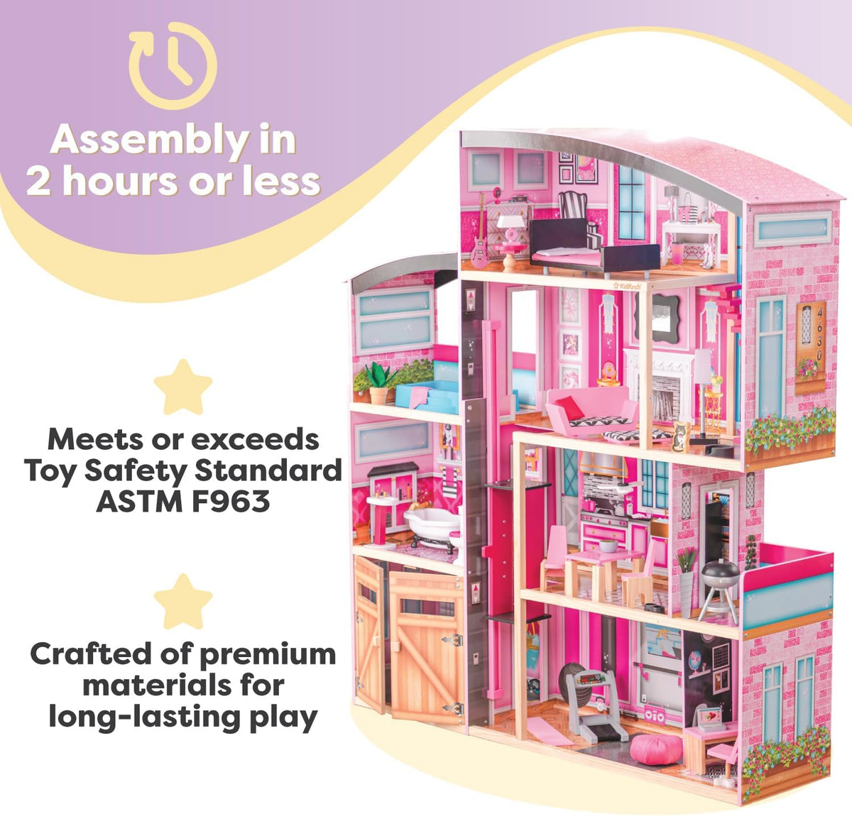KidKraft Shimmer Mansion Wooden Dollhouse with Working Elevator – 4.5 ft Tall, 4 Levels, 8 Rooms & 30 Furniture Accessories