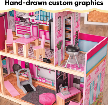 KidKraft Shimmer Mansion Wooden Dollhouse with Working Elevator – 4.5 ft Tall, 4 Levels, 8 Rooms & 30 Furniture Accessories