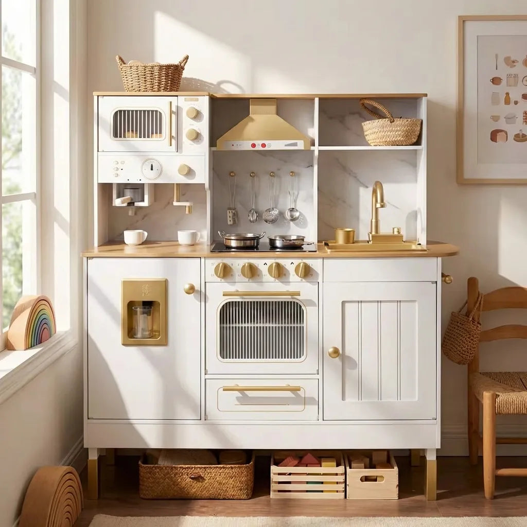 Luxury Wooden Play Kitchen Set with Running Water Sink, Coffee Machine & Oven – White & Gold Pretend Play Kitchen