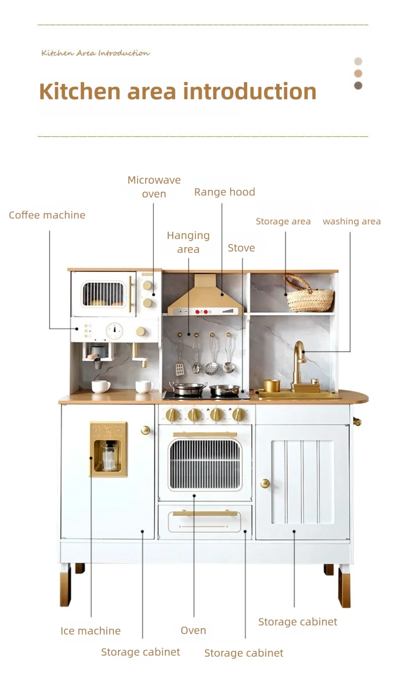 Luxury Wooden Play Kitchen Set with Running Water Sink, Coffee Machine & Oven – White & Gold Pretend Play Kitchen