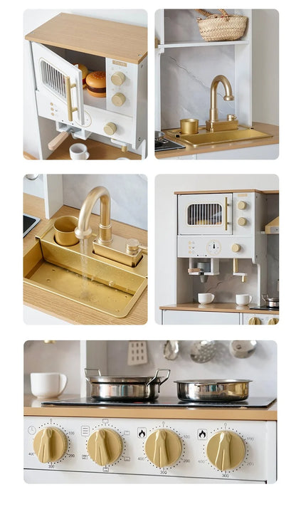 Luxury Wooden Play Kitchen Set with Running Water Sink, Coffee Machine & Oven – White & Gold Pretend Play Kitchen
