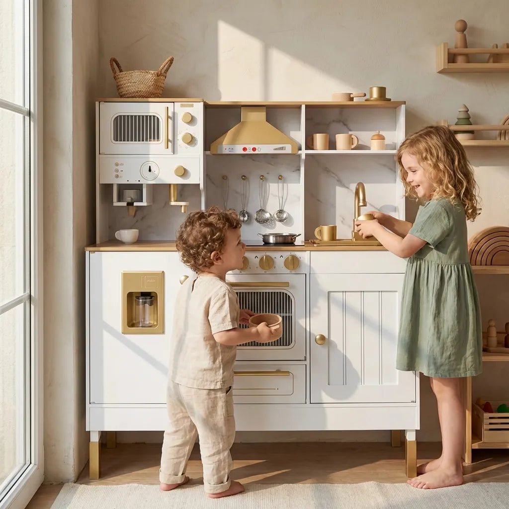 Luxury Wooden Play Kitchen Set with Running Water Sink, Coffee Machine & Oven – White & Gold Pretend Play Kitchen