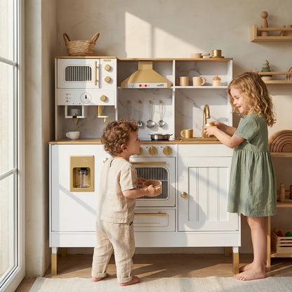 Luxury Wooden Play Kitchen Set with Running Water Sink, Coffee Machine & Oven – White & Gold Pretend Play Kitchen